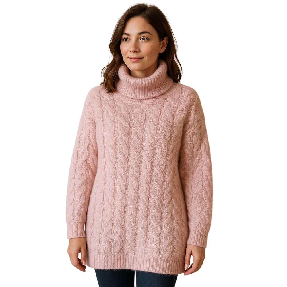 Pink Cable Knit Sweater Women's S Mohair Blend Fuzzy Pullover Long‎ Sleeve Cozy